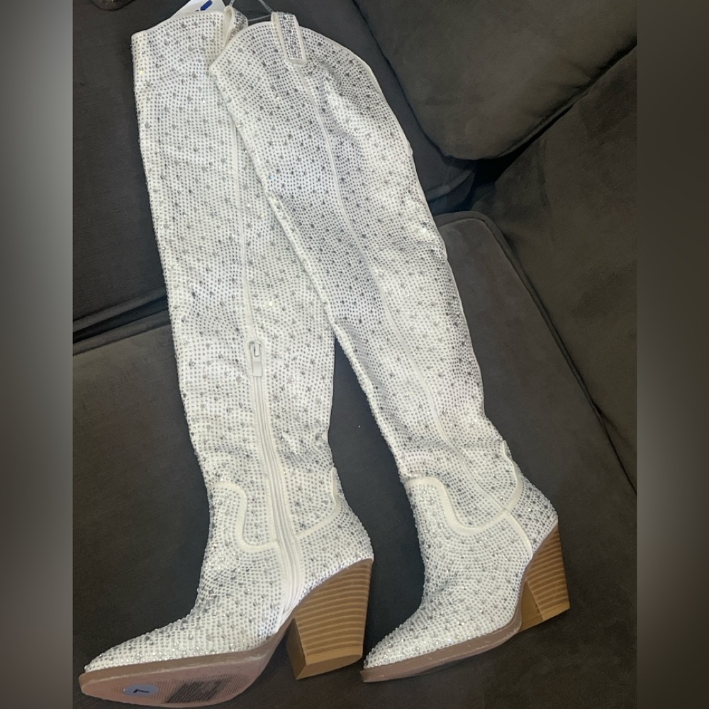 Elegant White Sequin Knee-High Boots